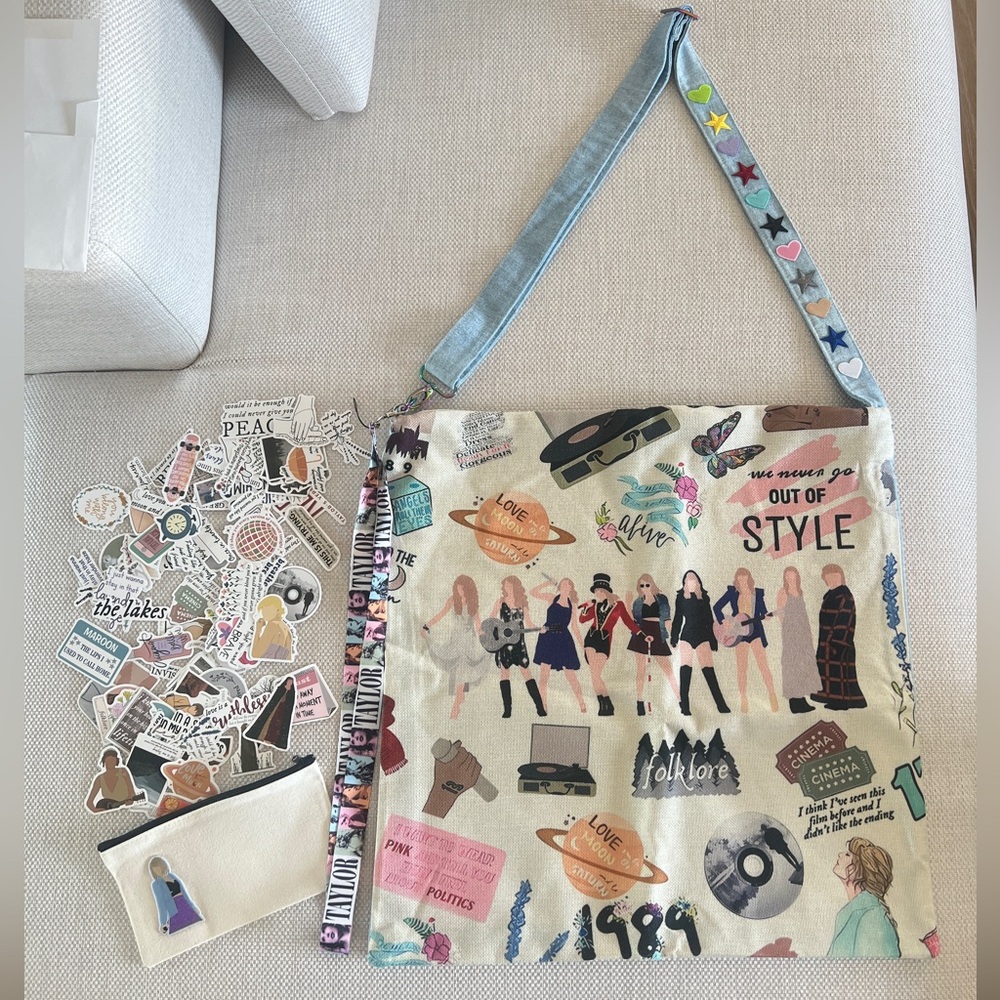 Hand-Made 1-of-a-kind canvas & denim Taylor Swift bag, mini bag & stickers